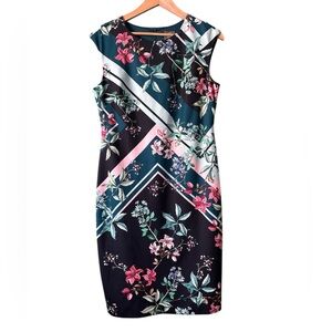 Vince Camuto Green Black Pink  Floral Midi Sheath Dress Sz 14